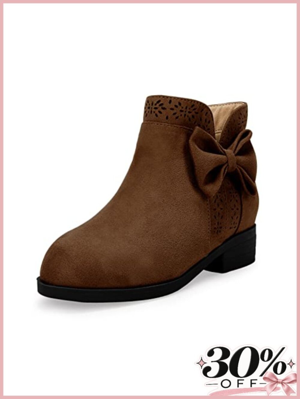 Girls Faux Suede Bow Knot Ankle Boots Low Stacked Heel Chelsea Side Zipper